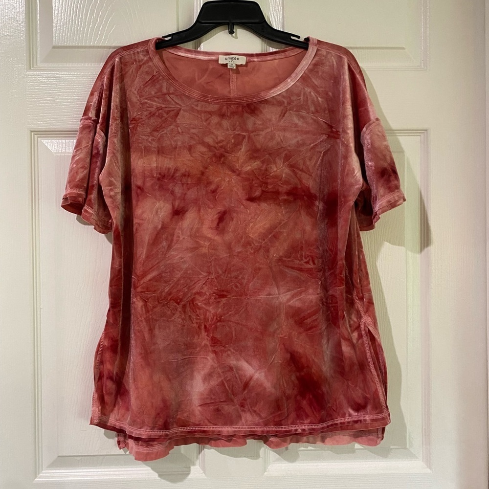 Umgee Pink Crushed Velvet Blouse Top Women's Medium Short Sleeves Oversized